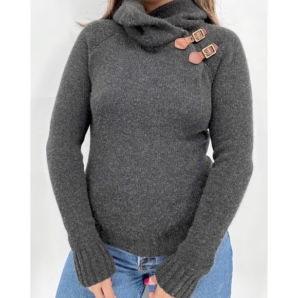Ralph Lauren Home Sweaters - Ralph Lauren Women Gray Gold Buckle Shawl Cowl Neck Knit Sweater Pullover Medium